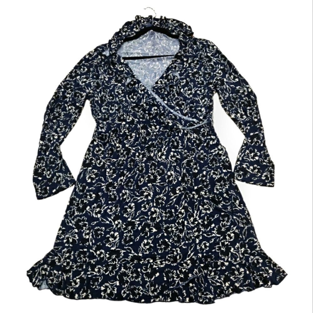 French Connection blue floral V neck long sleeve dress size XL 12